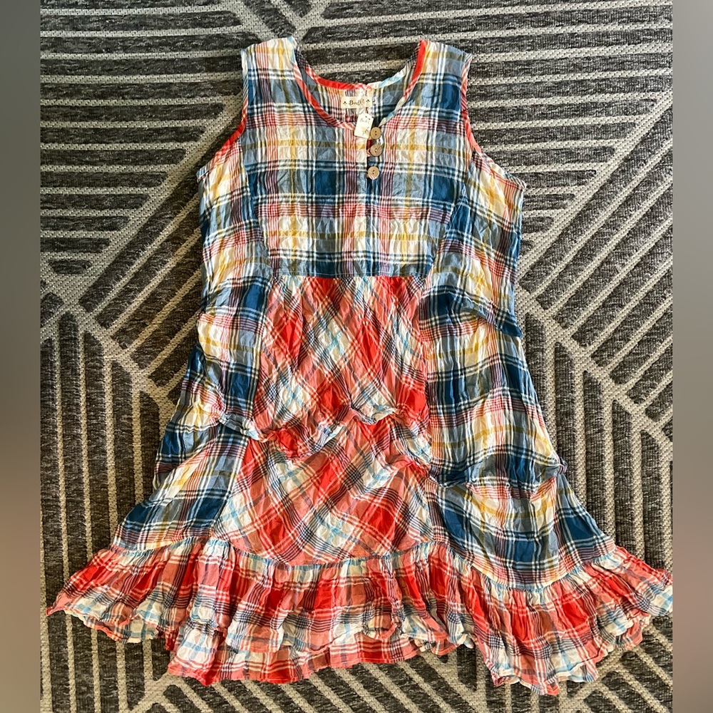 NWT BODIL Large Red Blue Plaid Tiered Cotton Dress